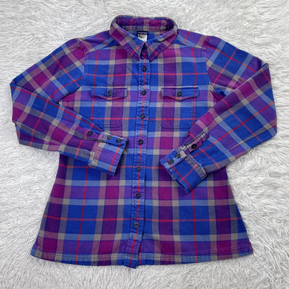 Patagonia Shirt Womens 4 Oasis‎ Blue Plaid Long Sleeved Fjord Flannel Button Up